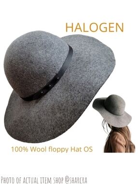 HALOGEN women's boho prep Floppy Wool Hat w faux leather trim Heathered grey 0S